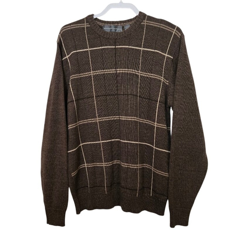 Oscar De LaRenta Brown Plaid Crew Neck Knit‎ Sweater Fall 2012 Men Sz L